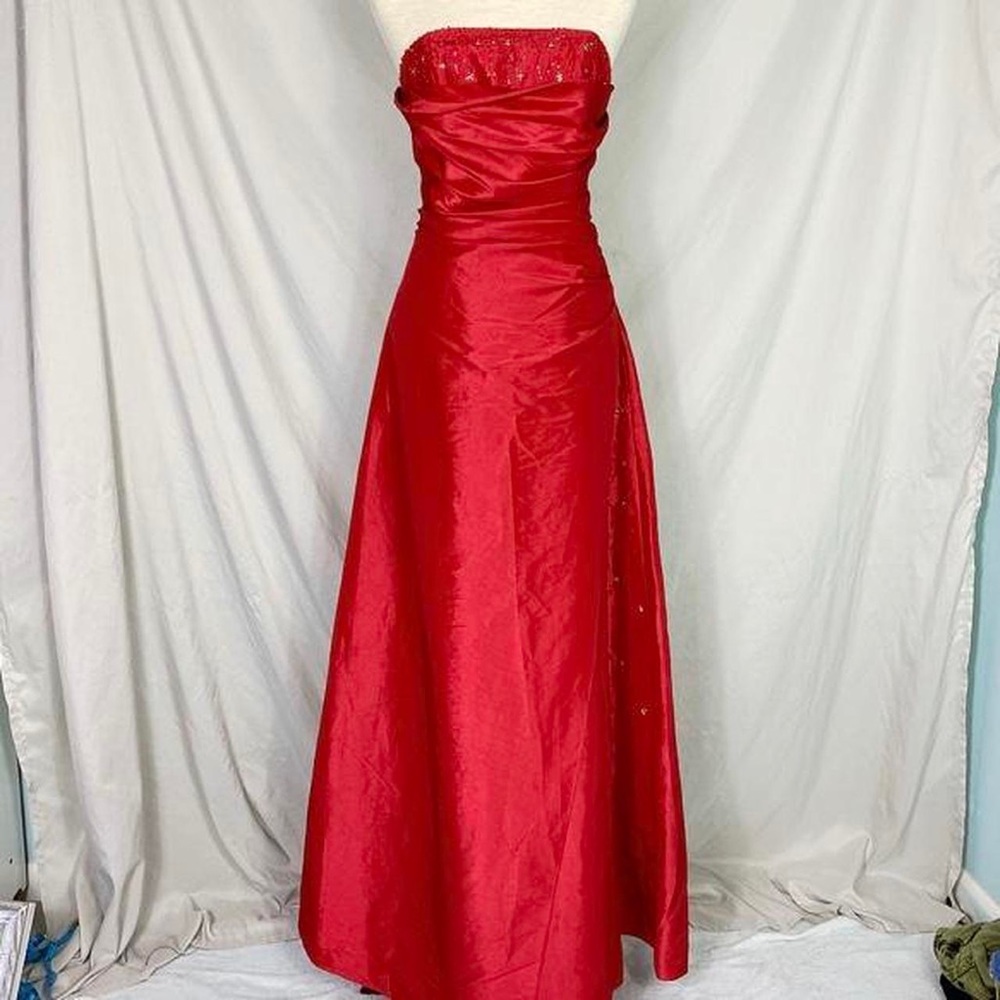 Red 1990s beaded corset ball gown